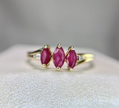 Vintage 10k Yellow Gold Marquise Red Ruby Round Single Cut Diamond Ring