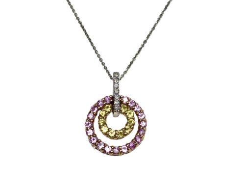 14k White Gold Natural Pink Topaz Round Diamond Circle Pendant Necklace