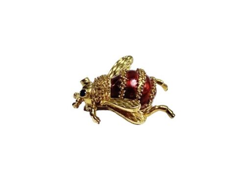 Vintage Yellow Gold 18k Red Enamel Blue Sapphire Handcrafted Bee Pin Brooch