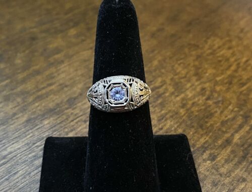 Art Deco 18k White Gold Round Light Blue Topaz Filigree Cocktail Ring