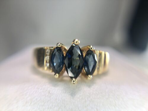 Vintage 14k Yellow Gold Natural Marquise Blue Sapphire Round Diamond Ring 