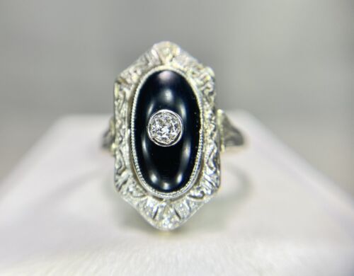 Art Deco 14k White Gold Round Diamond Black Onyx Filigree Cocktail Ring