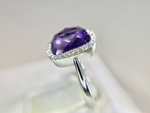 14k White Gold Designer Natural Purple Amethyst Round Diamond Halo Cocktail Ring