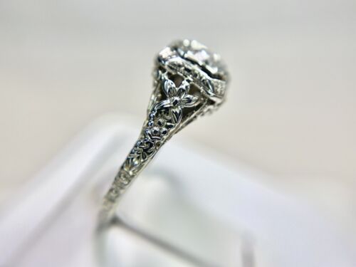 Art Deco 18k White Gold Natural Old European Diamond Engraved Engagement Ring