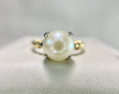 Vintage 14k Yellow Gold Akoya Cultured White Big Round Pearl Solitaire Ring