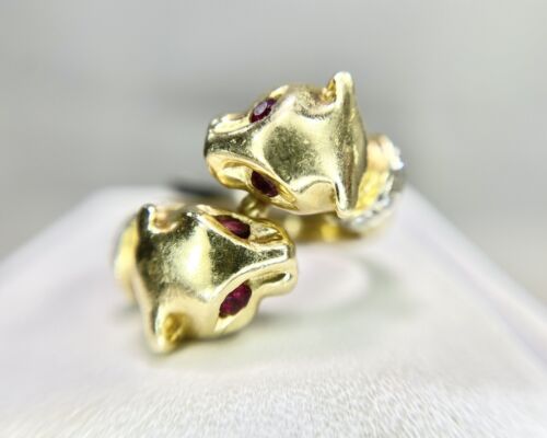 Vintage 14k Yellow Gold Natural Round Red Ruby Diamond Panther Head Ring