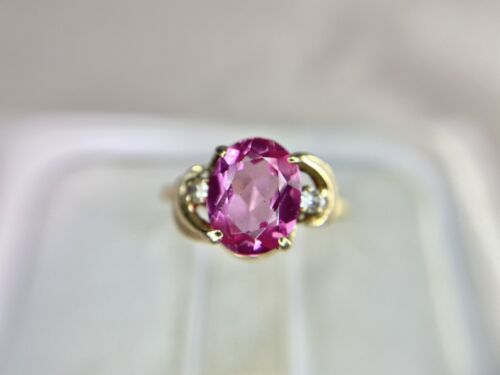 Vintage 10k Yellow Gold Synthetic Oval Pink Topaz Round Diamond Ring