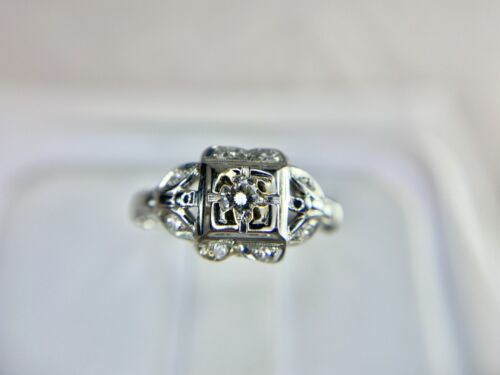 Vintage Art Deco 18k White Gold Round Single Cut Diamond Small Engagement Ring