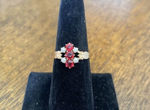 Victorian 10k Rose Gold Red Garnet Round White Seed Pearl Small Cocktail Ring