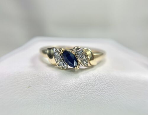 Vintage 10k Yellow Gold Signed Natural Marquise Blue Sapphire Round Diamond Ring