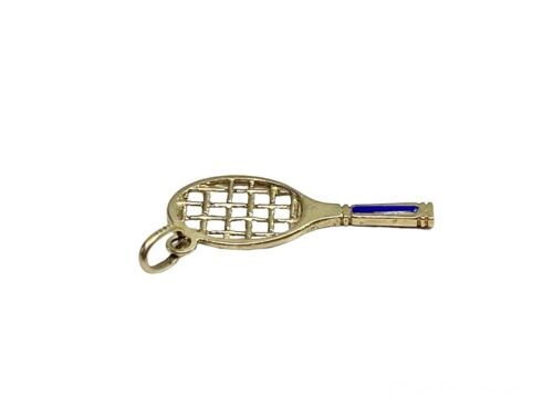 Vintage 14k Yellow Gold Handcrafted Blue Tennis Racket Charm Pendant