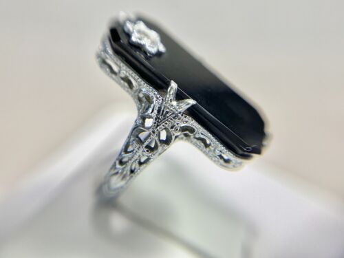 Art Deco 14k White Gold Natural Old European Diamond Black Onyx Filigree Ring