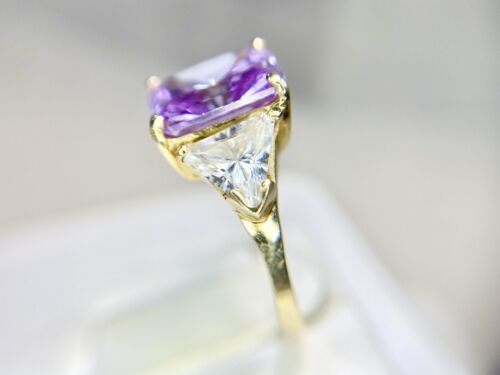 14k Yellow Gold Radiant Cut Trillion Fancy Vivid Pink Purple CZ Cocktail Ring