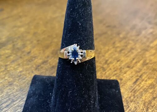 Vintage 14k Yellow Gold Natural Marquise Blue Sapphire Round Diamond Halo Ring