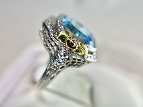 Vintage Art Deco 14k White Gold Emerald Cut Blue Topaz Filigree Cocktail Ring