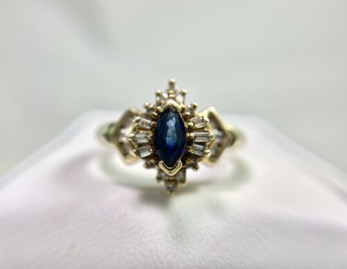 Vintage 10k Yellow Gold Natural Marquise Sapphire Round Diamond Cocktail Ring