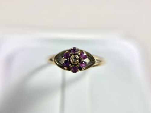 Vintage Art Deco Designer 10k Yellow Gold round Red Ruby Flower Diamond Ring