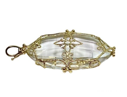 Vintage 14k Yellow Gold White Crystal Faceted Heavy Big Filigree Pendant