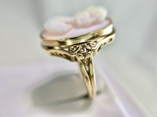 Vintage Art Deco 10k Yellow Gold Oval Light Pink Lady Cameo Big Cocktail Ring