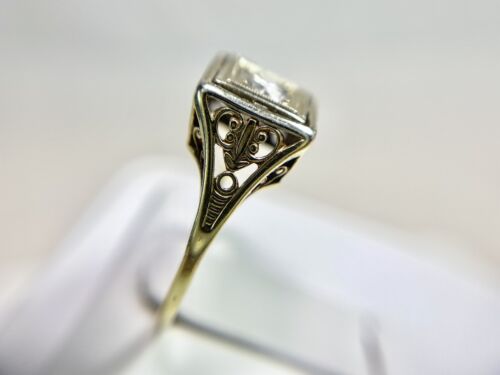 Art Deco 14k Yellow Gold Old European Diamond Filigree Small Cocktail Ring