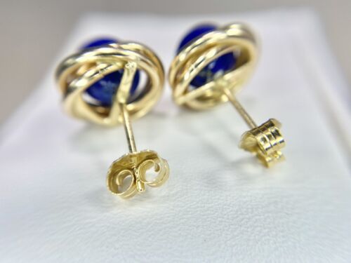 Vintage 14k Yellow Gold Handcrafted Natural Round Lapis Lazuli Stud Earrings