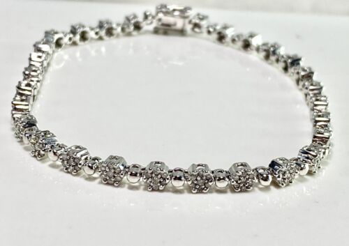 10k White Gold Designer Natural Round Diamond Cluster Set Tennis Bracelet 2 ct