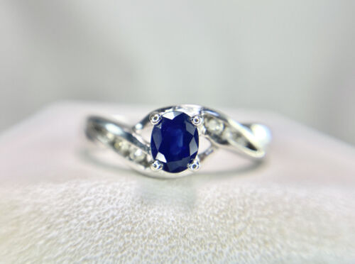 14k White Gold Natural Oval Blue Sapphire Round Diamond Small By-Pass Ring