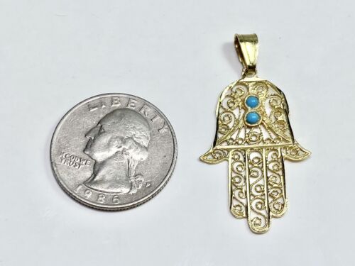 Vintage 14k Yellow Gold Blue Turquoise Hamsa Hand Evil Eye Pendant