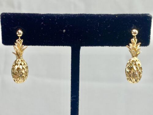 Vintage 14k Yellow Gold Handcrafted Pineapple Dangle Drop Earrings