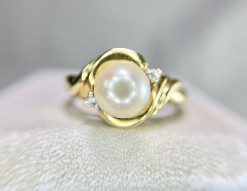 Vintage 14k Yellow Gold White Round Cultured Pearl Diamond By-Pass Ring 