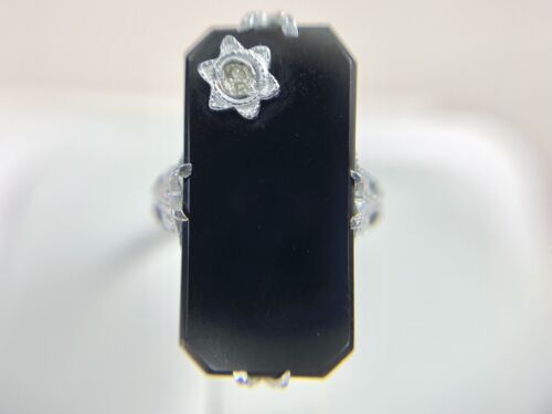 Art Deco 14k White Gold Natural Old European Diamond Black Onyx Filigree Ring