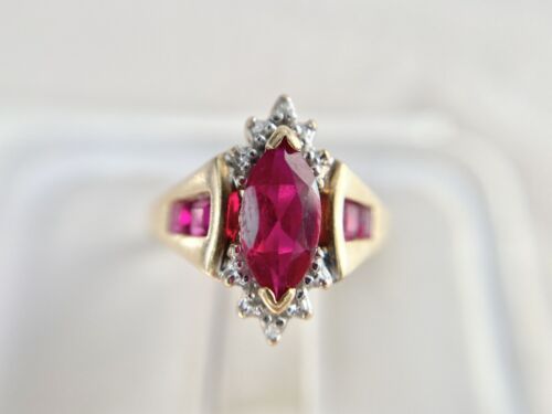 Vintage 10k Yellow Gold Marquise Shape Pink Stone Round Diamond Cocktail Ring