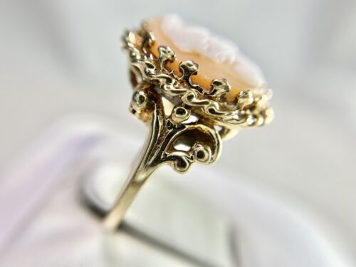 Vintage Art Deco 10k Yellow Gold Oval Pink Lady Cameo Big Cocktail Ring