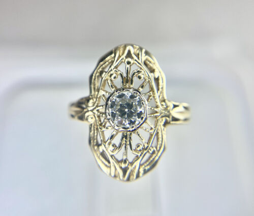 Art Deco 14k Yellow Gold Old European Diamond Filigree Shield Engagement Ring 