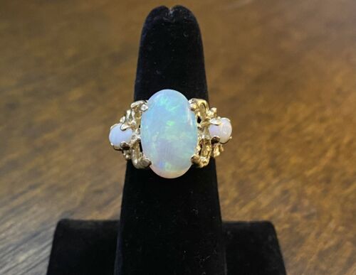 Vintage 14k Yellow Natural Oval Ethiopian White Opal Big Filigree Cocktail Ring