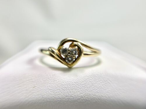 Vintage 10k Yellow Gold Natural Round Diamond Heart Shape Small Bypass Ring