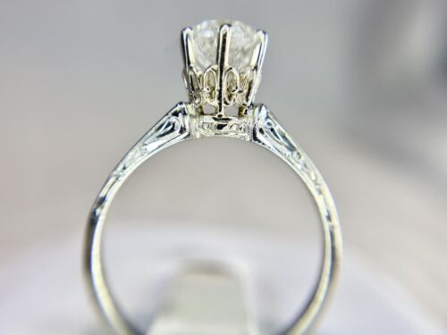 Vintage 14k White Gold Round Natural Diamond Engraved Solitaire Engagement Ring