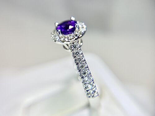 10k White Gold Natural Round Purple Amethyst Diamond Halo Engagement Ring