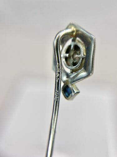 Vintage Art Deco 10k White Gold Round Diamond Blue Sapphire Stick Pin