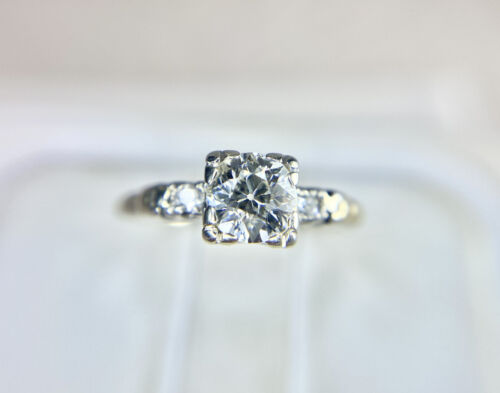 Art Deco 14k White Gold Natural Old European Diamond Engagement Ring 1/2 TCW