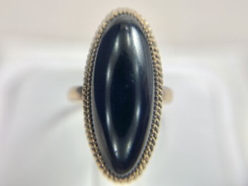 Vintage 14k Rose Gold Navette Oval Shape Black Onyx Bezel Set Ring