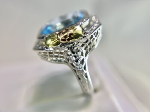 Vintage Art Deco 14k White Gold Emerald Cut Blue Topaz Filigree Cocktail Ring