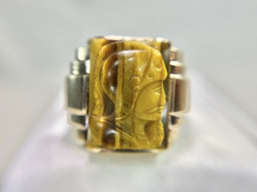 Vintage 10k Yellow Gold Intaglio Tiger eye Gemstone Cameo Big Cocktail Ring