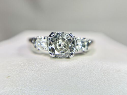 Art Deco Platinum Round Old European Natural Diamond Engagement Ring 