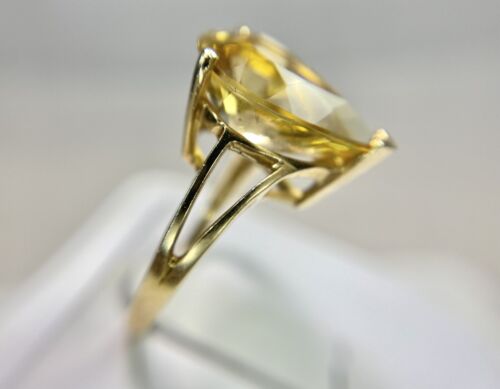 Vintage 10k Yellow Gold Pear Shape Big Orange Citrine Solitaire Statement Ring