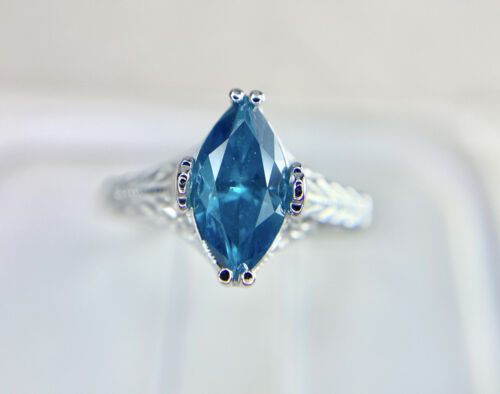 Art Deco 14k White Gold Fancy Blue Color Marquise Diamond Engagement Ring