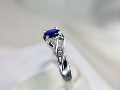 14k White Gold Natural Oval Blue Sapphire Round Diamond Small By-Pass Ring