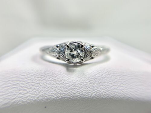 14k White Gold Vintage Style Natural Round Diamond Filigree Engagement Ring