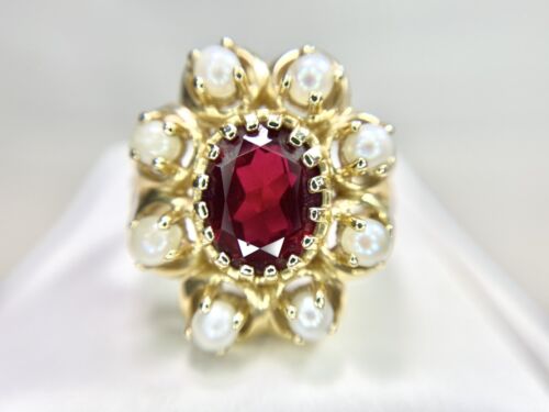 Vintage 14k Yellow Gold Natural Oval Rhodolite Garnet Pearl Big Cocktail Ring