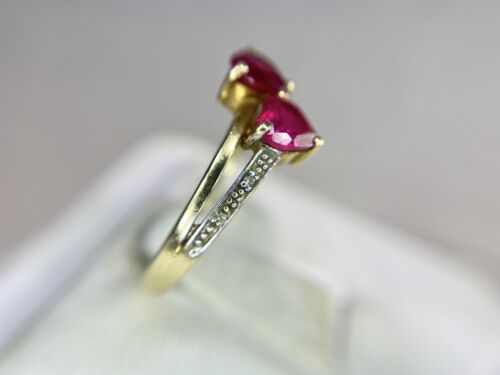 Vintage 10k Yellow Gold Lab Created Heart Shape Red Ruby  Diamond Cocktail Ring